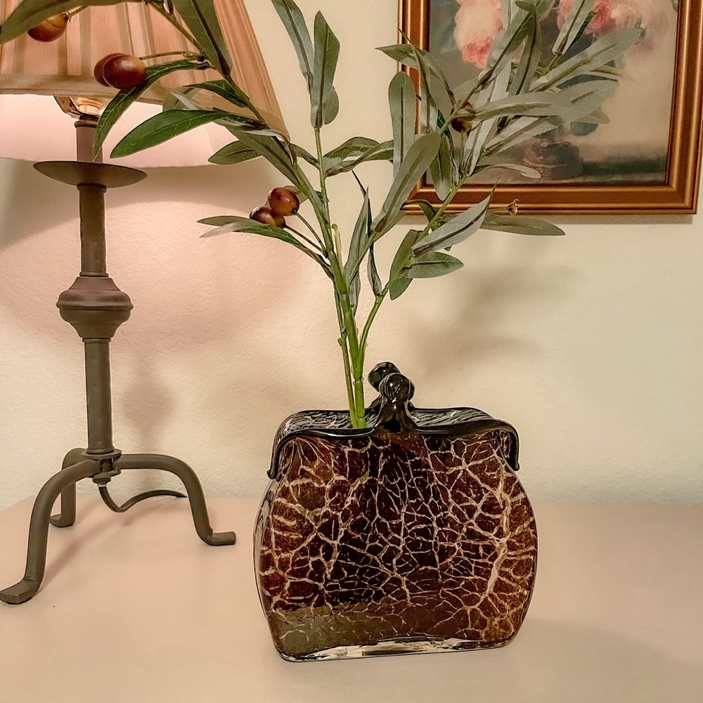 Murano~Vintage Glass Purse/Handbag Vase, Hand Blown Glass Animal Print